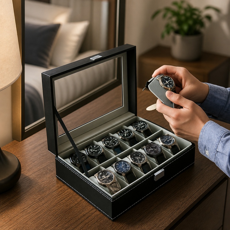 Men Accessories Organiser - PU-Leder-Displaybox mit Glasdeckel, Mehrfach-Organizer für Uhren